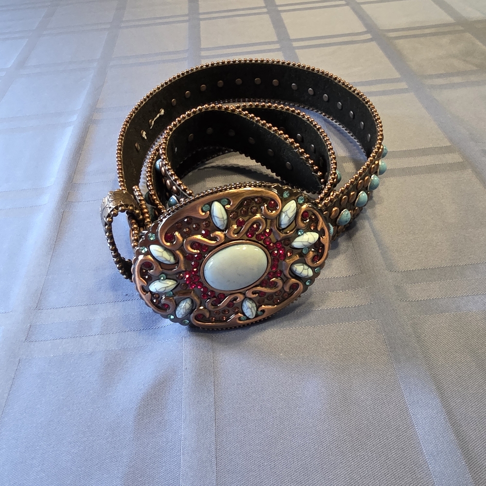 Genuine Leather Turquoise Rhinestone Western Coastal Cowgirl Glam Belt Size M/L